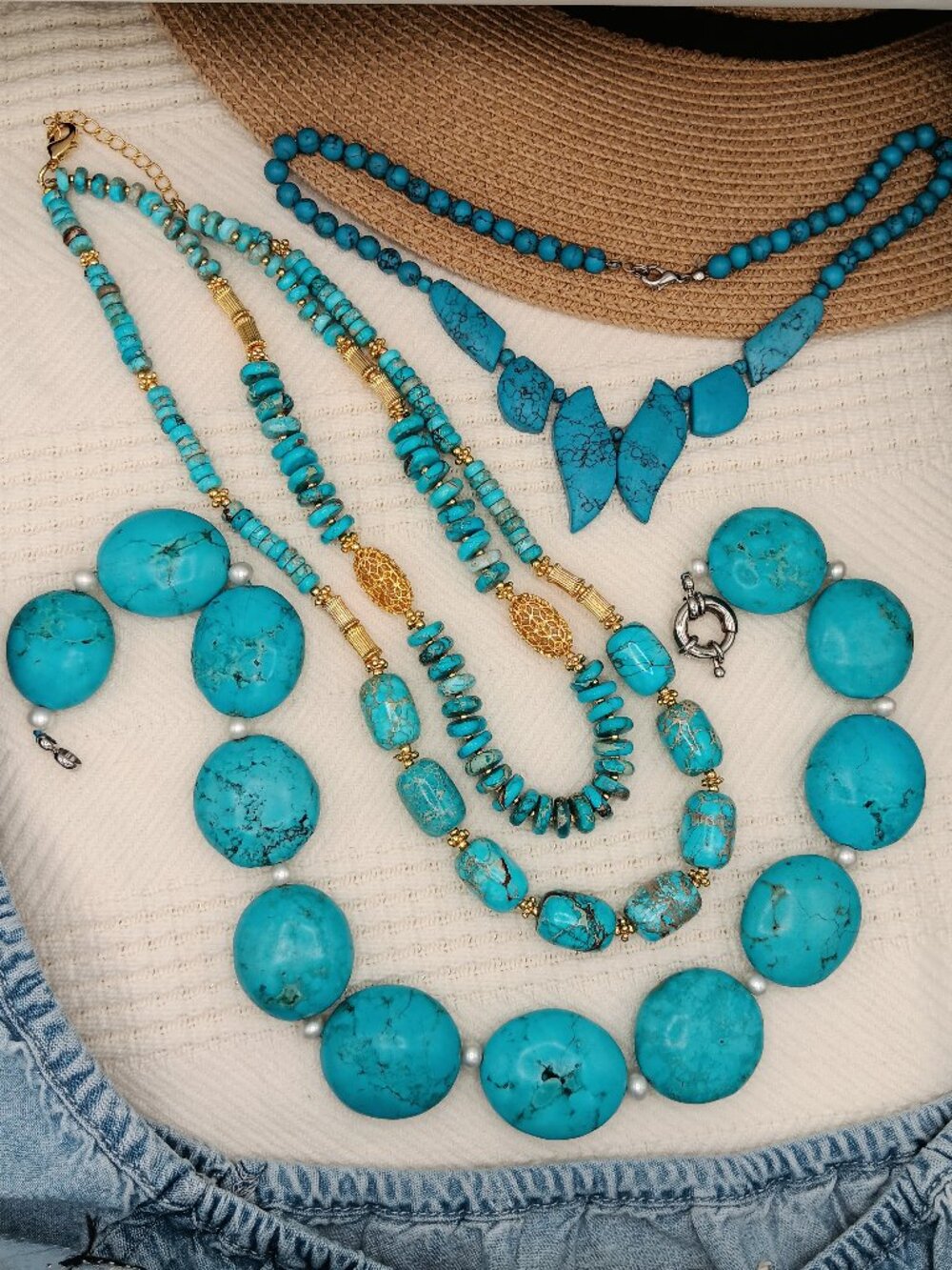 Stauer & Southwestern Turquoise Colored Stone Lot of 3 Boho Statement Necklaces